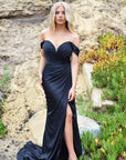 black satin off the shoulder dress