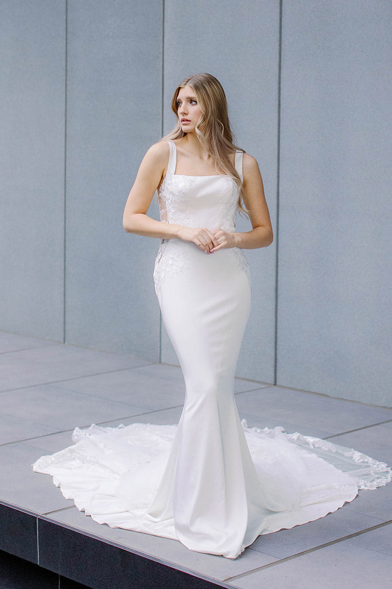 Chelsie Gown Ivory satin bridal gown with square neckline Mia Bella Couture Chelsie Gown Ivory satin bridal gown with square neckline Mia Bella Couture