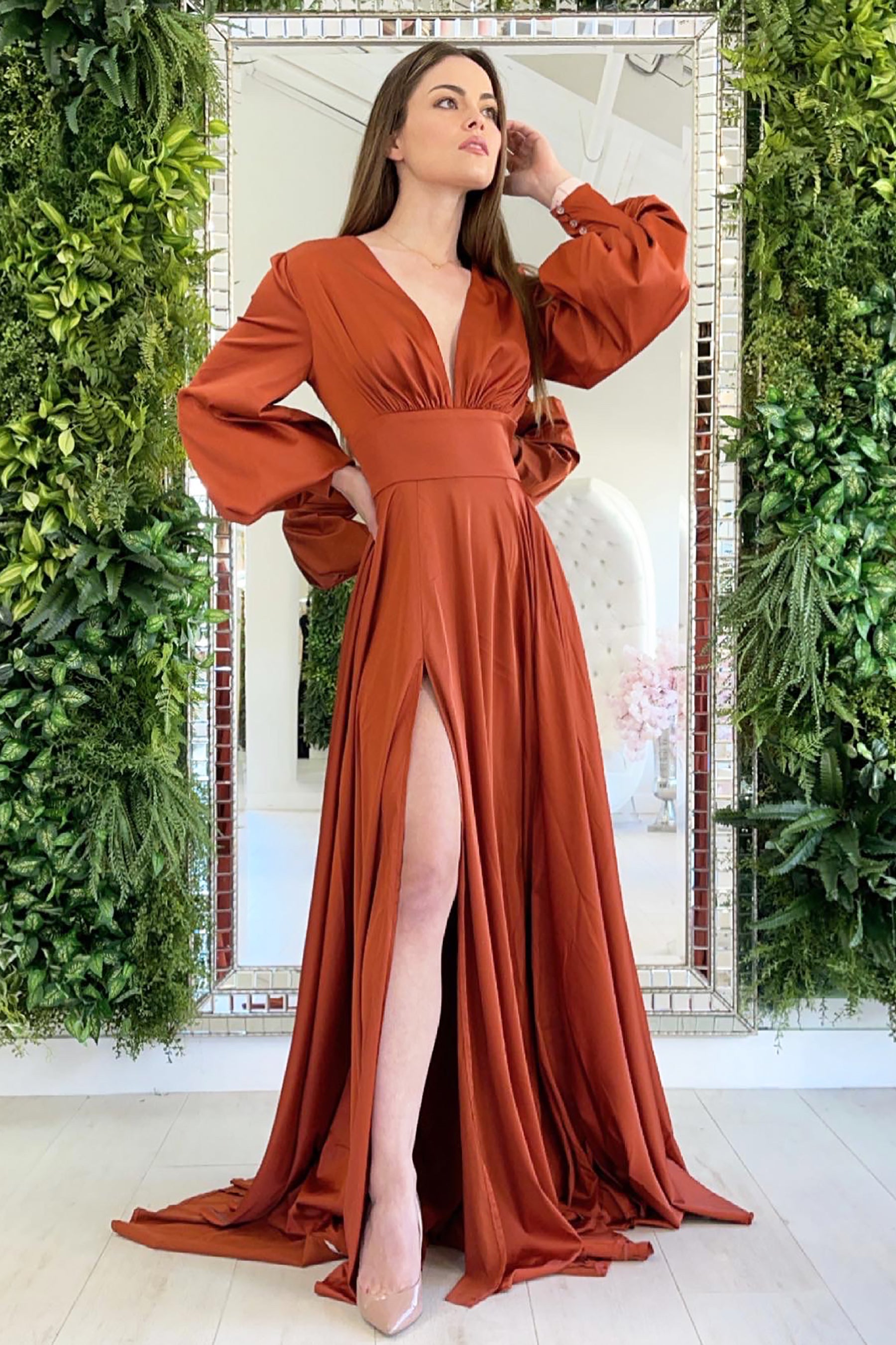 Long Sleeve Copper Cocktail Dress Reign Gown Copper Satin Evening Dress Long Sleeve Copper Cocktail Dress Reign Gown Copper Satin Evening Dress