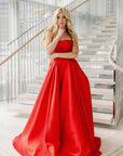 Red lace bodice micado ball gown