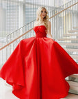 Red lace bodice micado ball gown