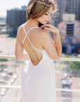 White hand beaded low back Chardonnay Gown
