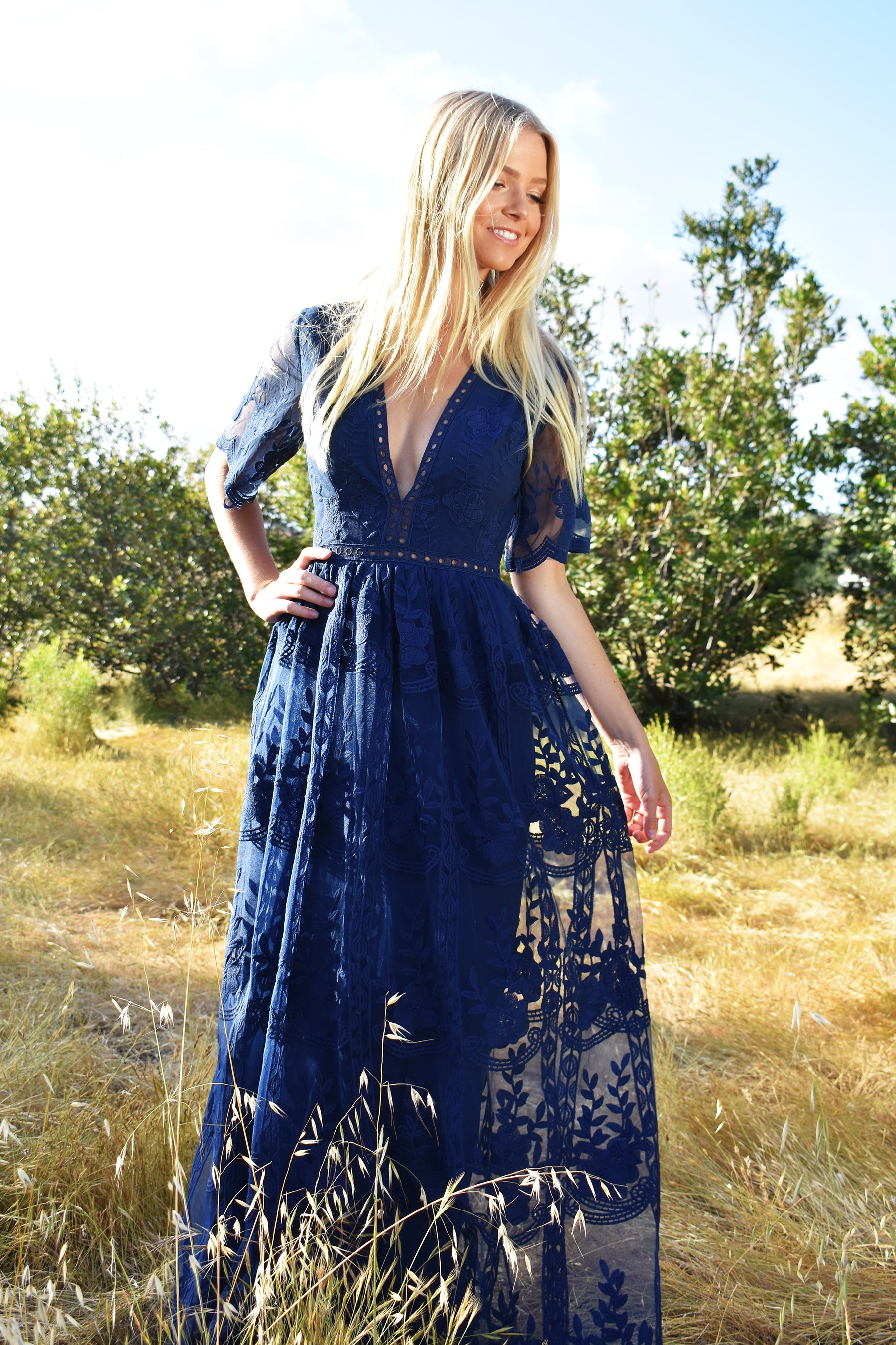 Stella Gown White lace boho styled long dress Medium / Navy Stella Gown White lace boho styled long dress Medium / Navy