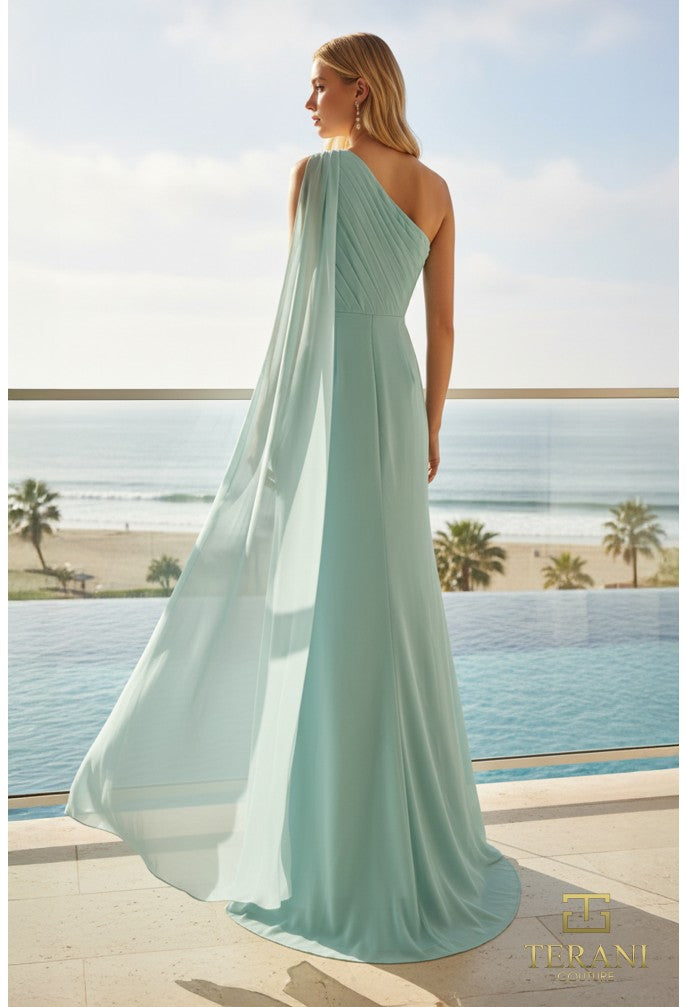 Terani 261E6205 Column Chiffon Gown with One-Shoulder Cape & Slit