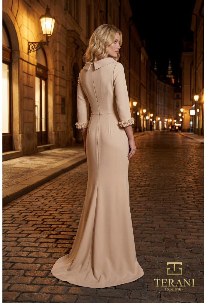 Terani 261E6701 High Boat Neck Crepe Sheath Gown with 3/4 Sleeves