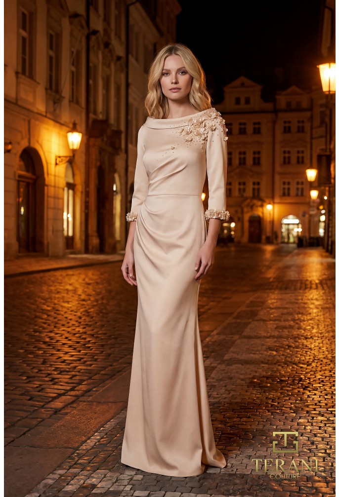 Terani 261E6701 High Boat Neck Crepe Sheath Gown with 3/4 Sleeves