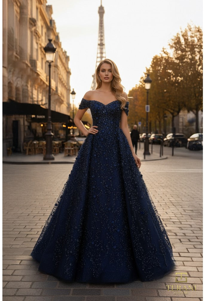 Terani 261GL6659 Floral Beaded Sweetheart Off-Shoulder Ballgown