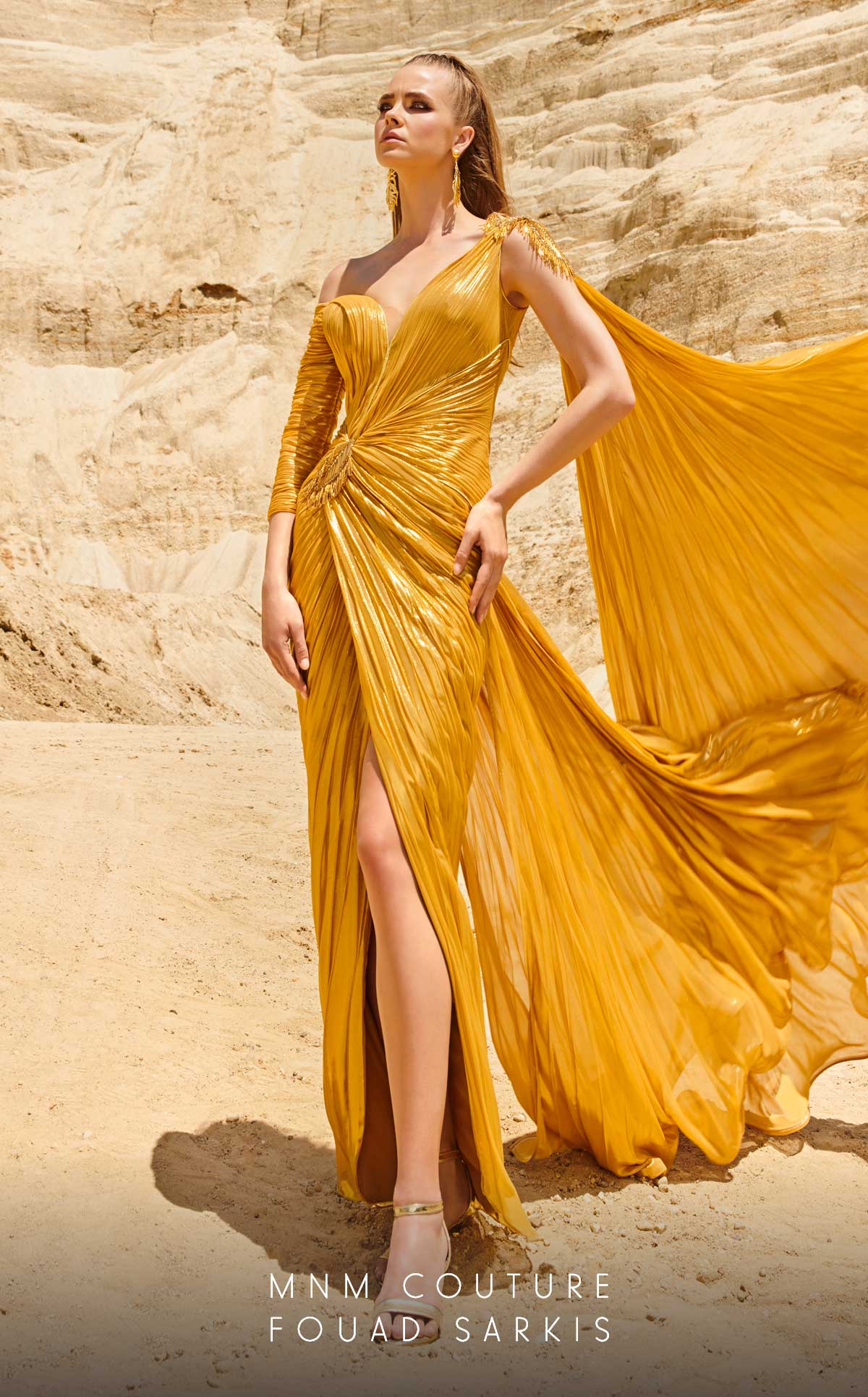 MNM Couture gold one shoulder metallic sweetheart dress