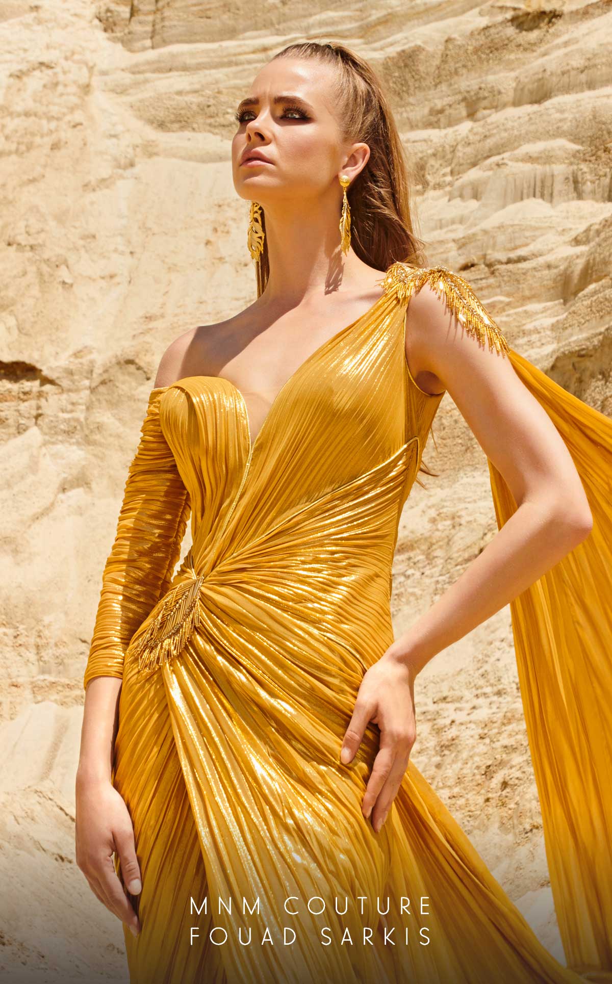 MNM Couture gold one shoulder metallic sweetheart dress