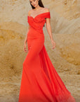 MNM Couture 2769 elegant off the shoulder evening gown with beautiful draping, side train dropping from the shoulder, and mermaid fitted skir