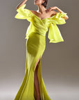 MNM Couture G1508 is a stunning mermaid style with beautiful draped off the shoulder fabric and a high side slit