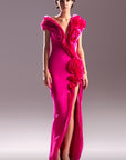 MNM Couture G1513 deep V long dress with stunning draping from the shoulders to the hem.