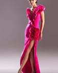 MNM Couture G1513 deep V long dress with stunning draping from the shoulders to the hem.