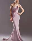 strapless long dress with beading and draping throughout the bust and bodice