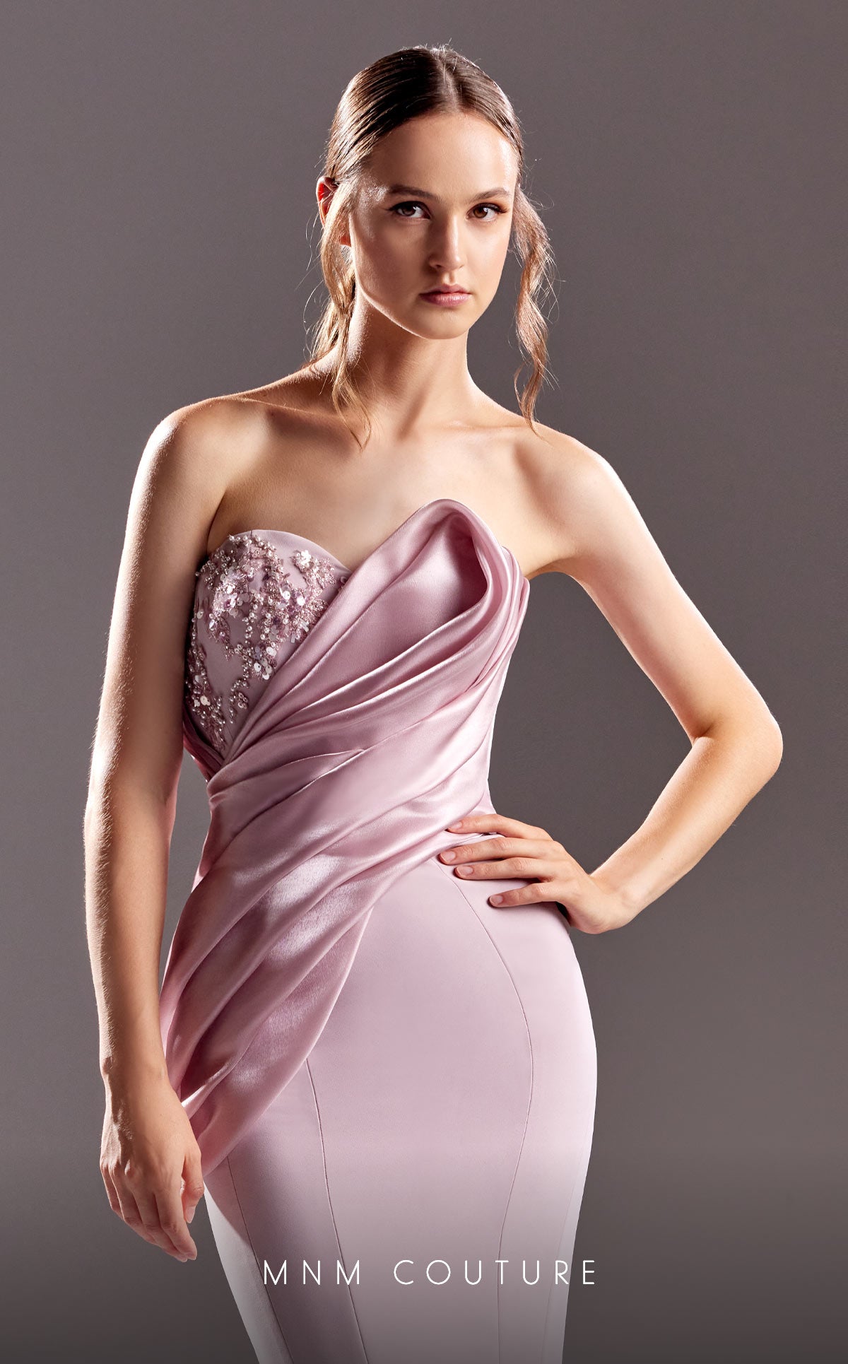 strapless long dress with beading and draping throughout the bust and bodice