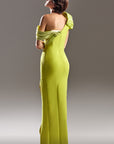 MNM Couture G1518 is a classy elegant style with a side slit and beautifully draped shoulder details