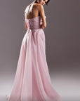 G1524 MNM Couture strapless pink couture dress with soft overskirt and a gorgeously beaded skirt and bodice.