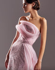 G1524 MNM Couture strapless pink couture dress with soft overskirt and a gorgeously beaded skirt and bodice.