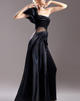 G1531 MNM Couture one shoulder black evening gown with lace lined cut out and side train detail. 