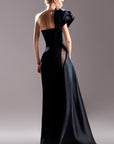 G1531 MNM Couture one shoulder black evening gown with lace lined cut out and side train detail. 