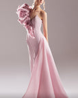 G1532 MNM Couture Asymmetrical pink evening gown with gorgeous details on the one shoulder and side train