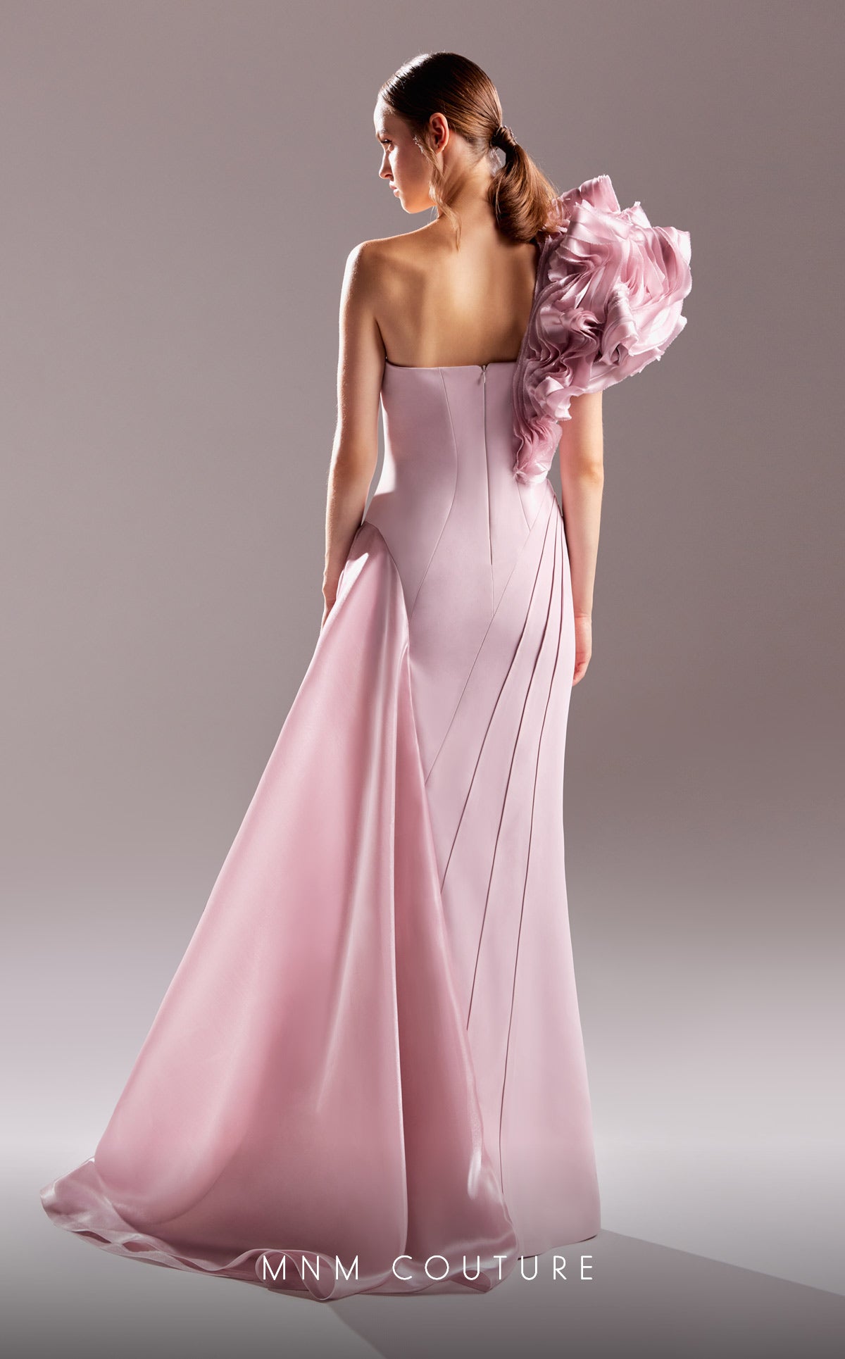G1532 MNM Couture Asymmetrical pink evening gown with gorgeous details on the one shoulder and side train