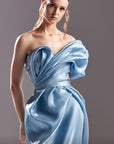 G1535 MNM Couture liquid fabric dress with incredible draping and one shoulder neckline and belted waist.