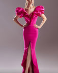 G1536 MNM Couture low back front slit Deep V ruffle sleeve dress