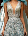 MNM Couture beaded sequin aline dress with shoulder bows 