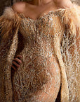 K3945 MNM Couture long sleeve fitted gold sequin dress with feathers and floor length sleeves