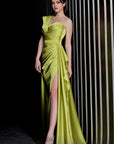 MNM Couture satin one shoulder evening gown with slit and side draping