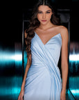MNM Couture satin gown with high leg slit