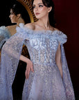 MNM Couture off the shoulder mothers style with sheer bodice long open sleeves and a mix of sequins and beads