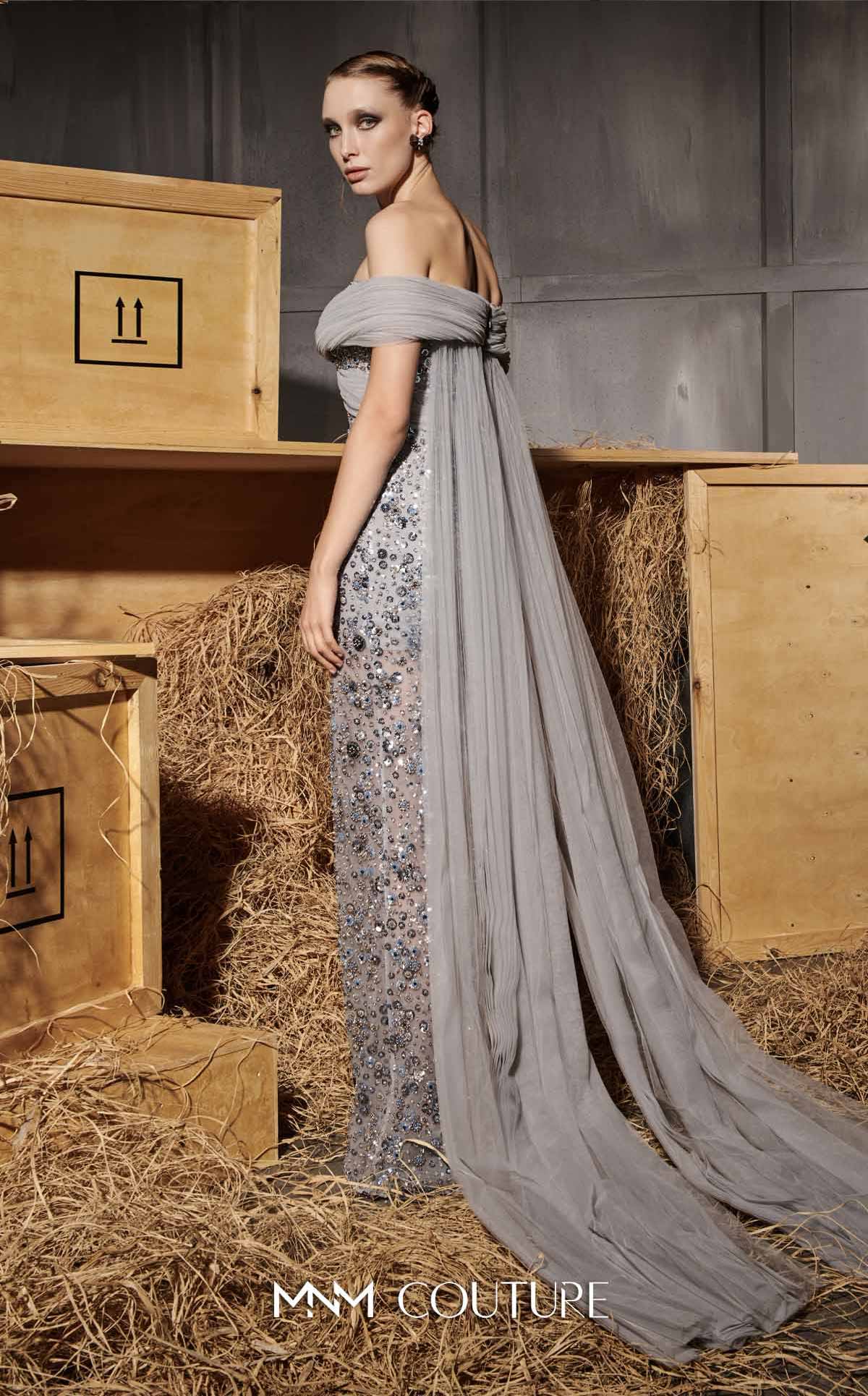 MNM Couture N0652 Elegantly Fitted Evening Gown Gray / 12 MNM Couture N0652 Elegantly Fitted Evening Gown Gray / 12