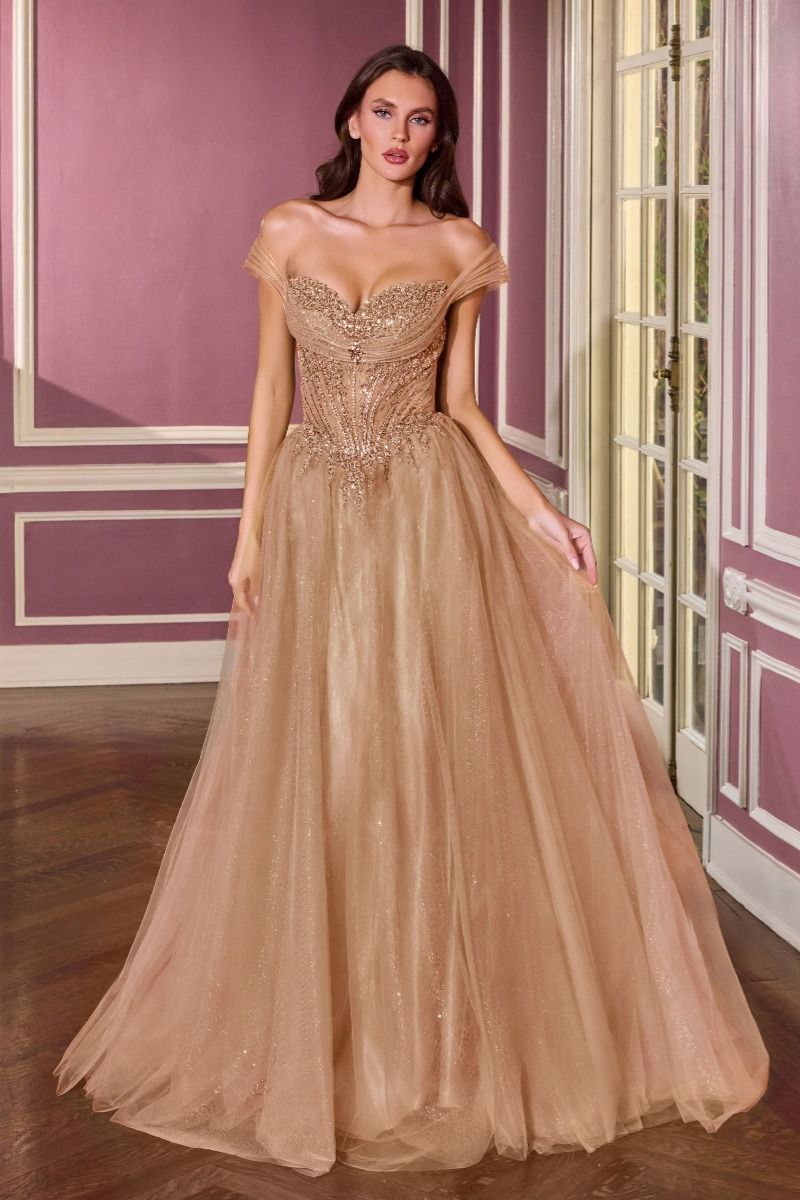 Ladivine CC493 Corset Sweetheart Off-Shoulder Glitter Tulle A-Line