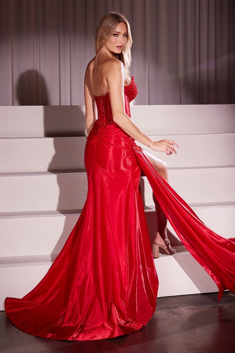 Ladivine CM369 Fitted Embellished Strapless Gown with Leg Slit and