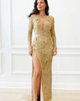 gold beaded mother of the bride dress