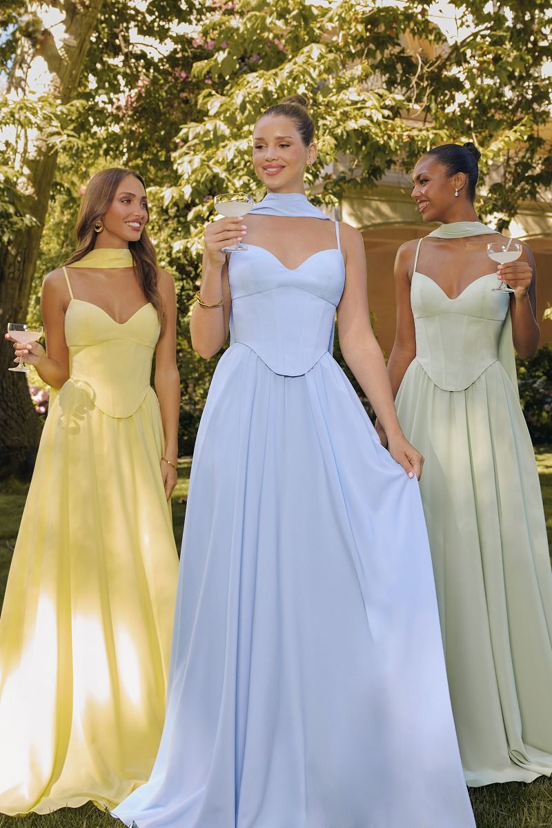 Amoris T711 Elegant Flowy Chiffon Gown with Neck Scarf – Mia Bella