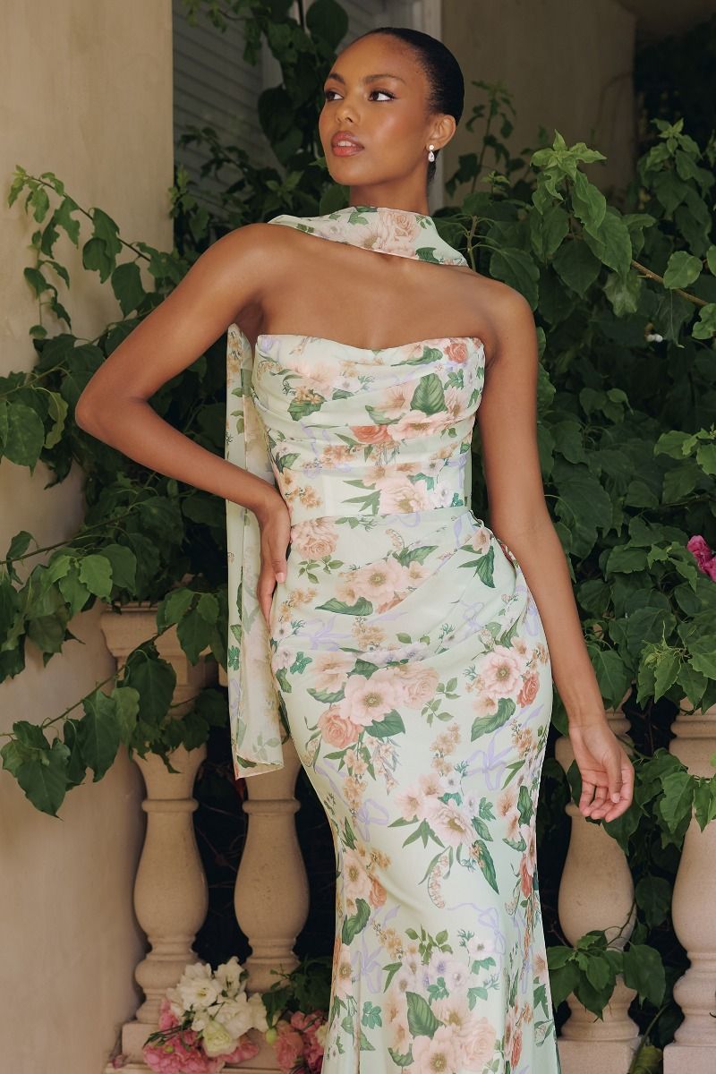 Amoris T871 Floral A-Line Gown With Modest Cowl Neckline and Scarf