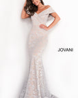 Jovani 02905 silver lace off the shoulder mothers dress