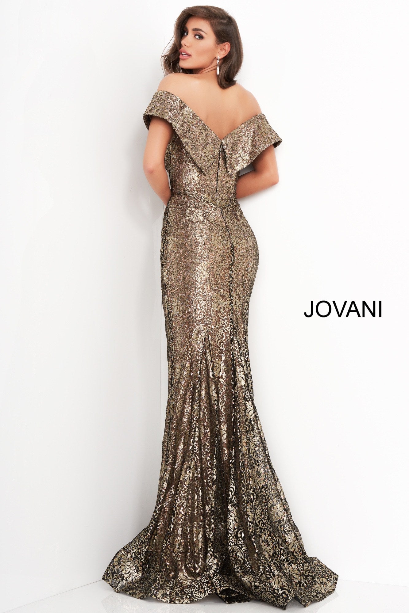 Jovani 02920 Gold lace dress off the shoulder mothers dress