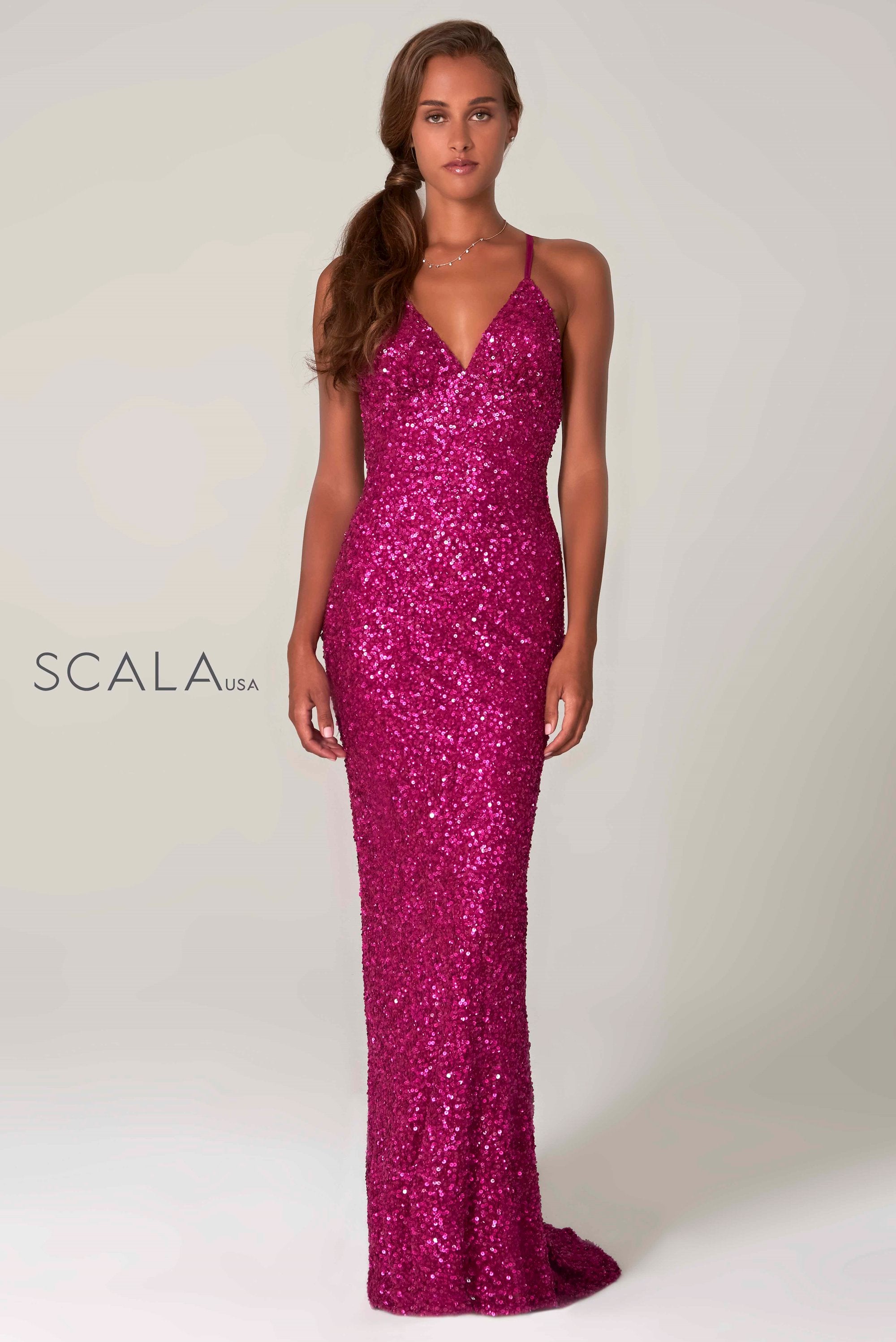 scala pink sequin dress SCALA -60724 Sequin Asymmetrical Sheath Dress