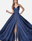 Navy blue long satin bridesmaid dress