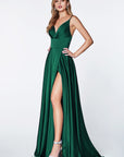 long satin emerald green prom dress