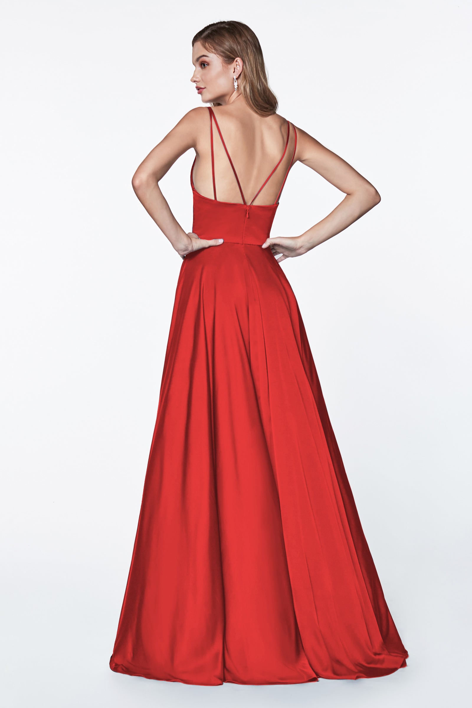 long red satin formal prom dress