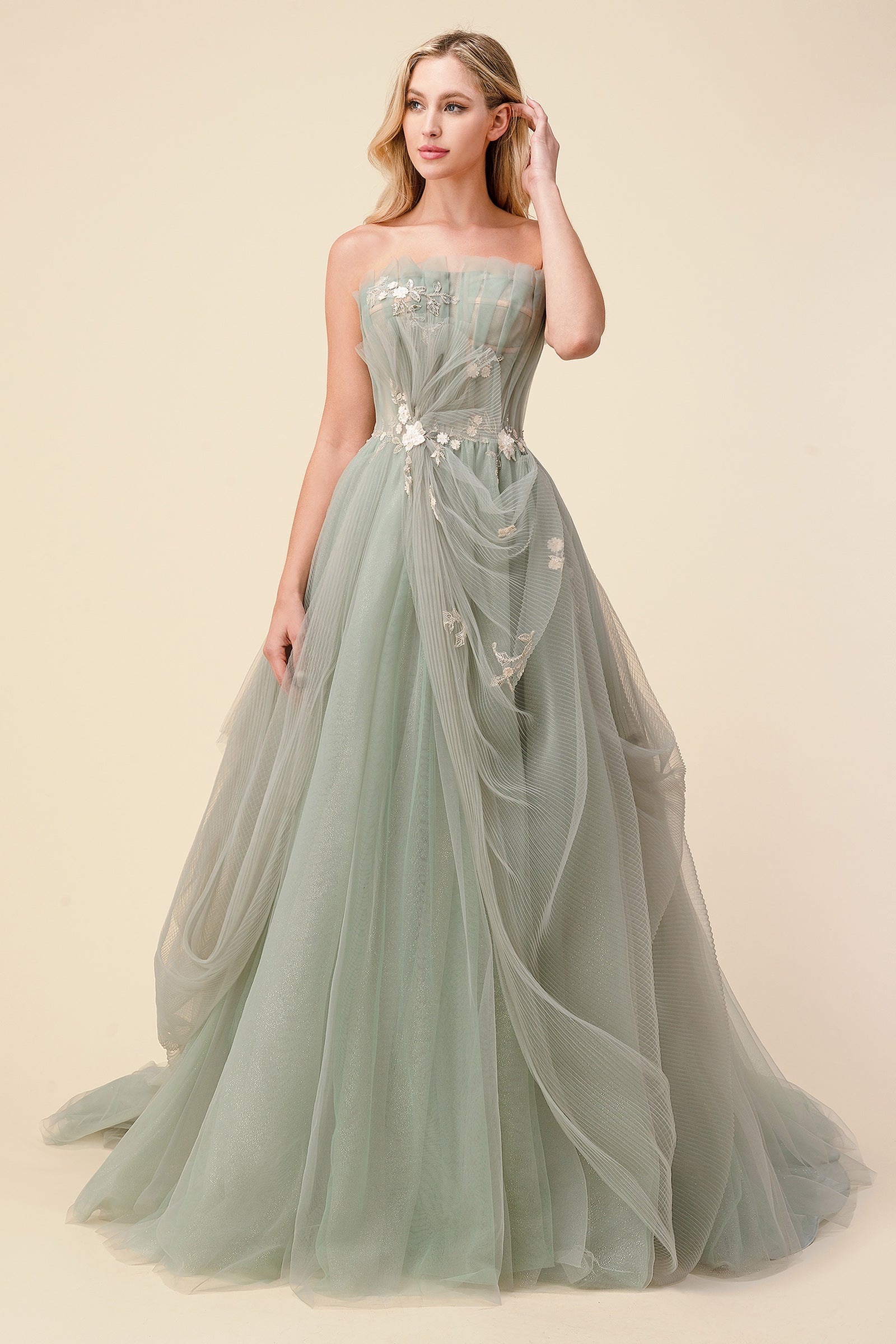 Andrea and Leo A1015 strapless tulle sage ballgown