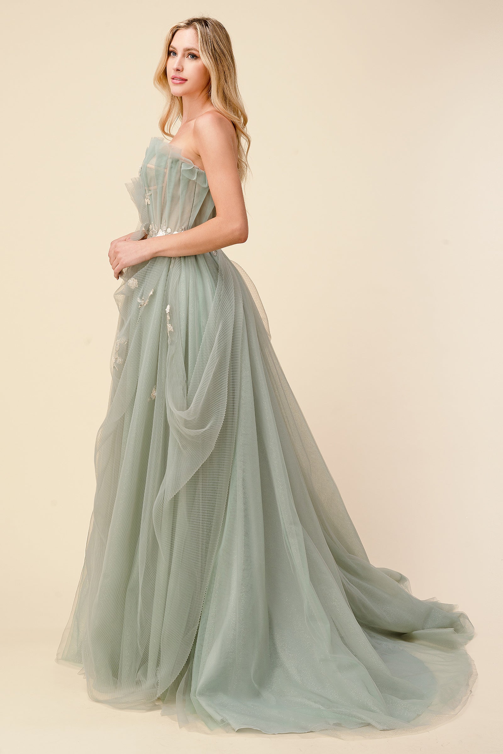 Andrea and Leo A1015 strapless tulle sage ballgown