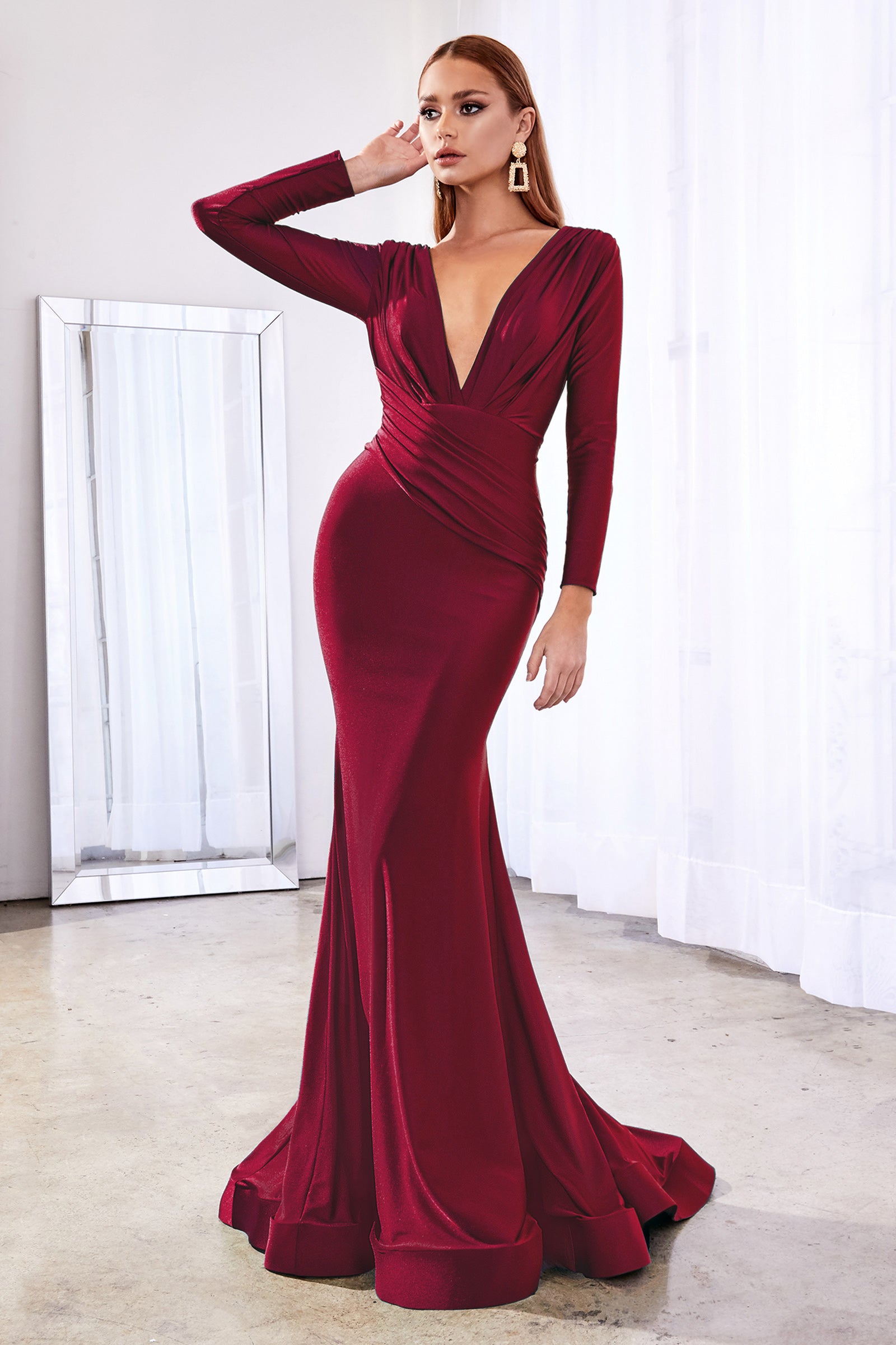 Burgundy Long sleeve fitted stretch jersey gown