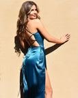 teal satin lace up long prom dress