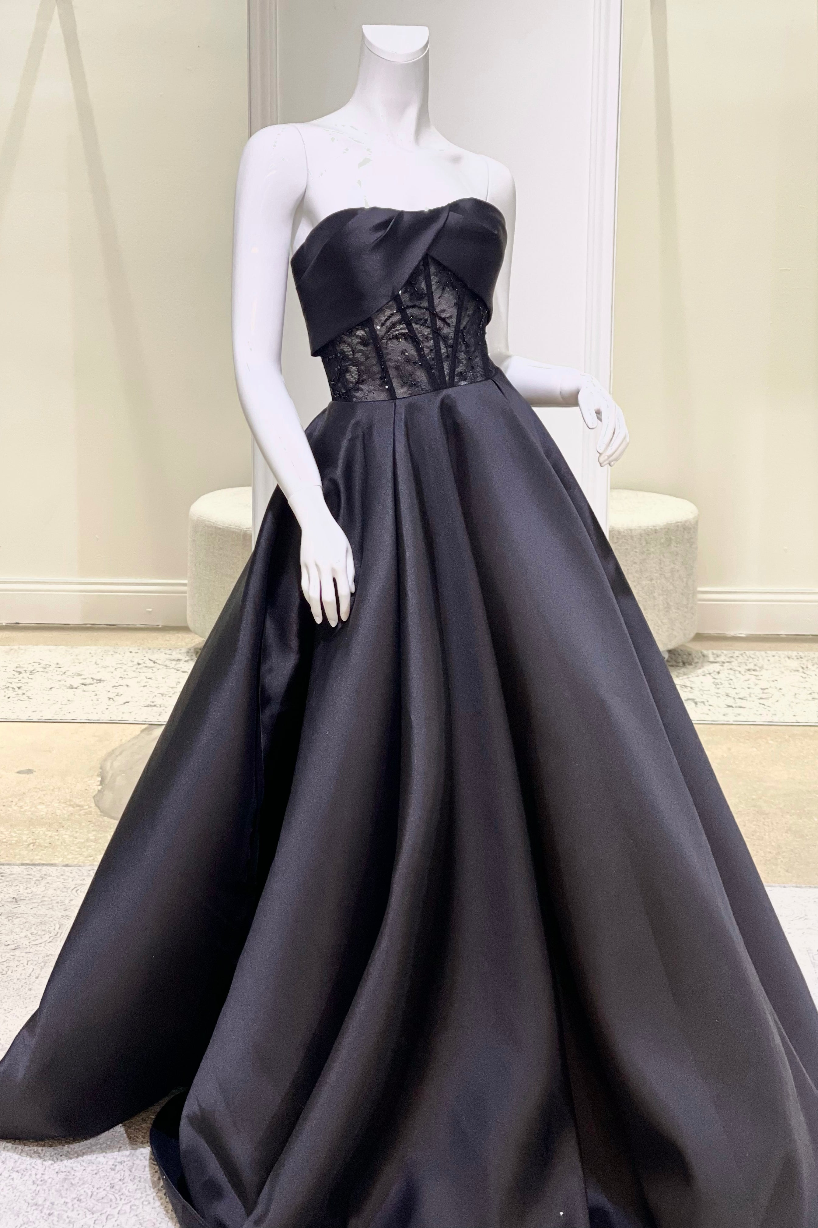 black lace bodice micado ball gown